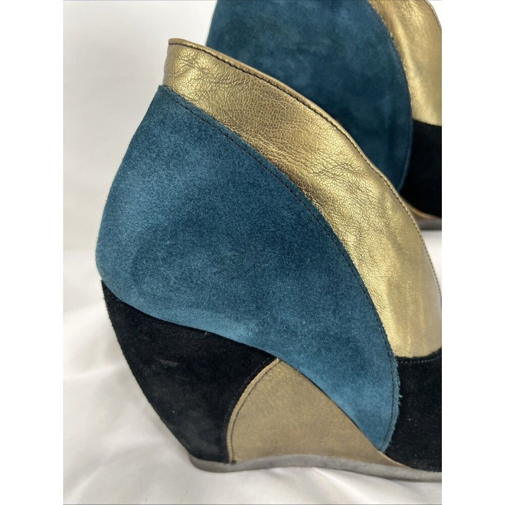 Fly London Teal, Black & Metallic Gold Suede Wedge Booties - Picture 2 of 11